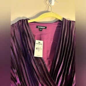 Metallic Faux Wrap Tie Waist Pleated Mini Dress purple Xs
